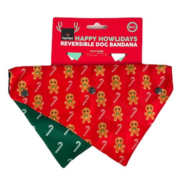 FuzzYard Christmas Candy Canes & Gingerbread Men Reversible Bandana Red Green - Picture 1 of 8